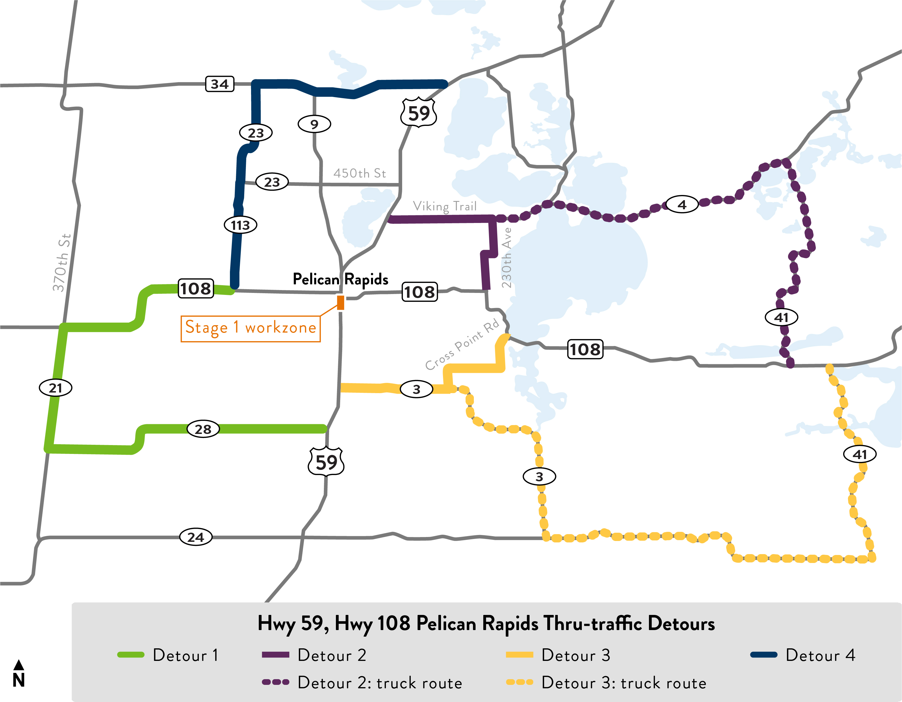 Thru-traffic and truck detour map for the Hwy 59, Hwy 108 reconstruction project in Pelican Rapids